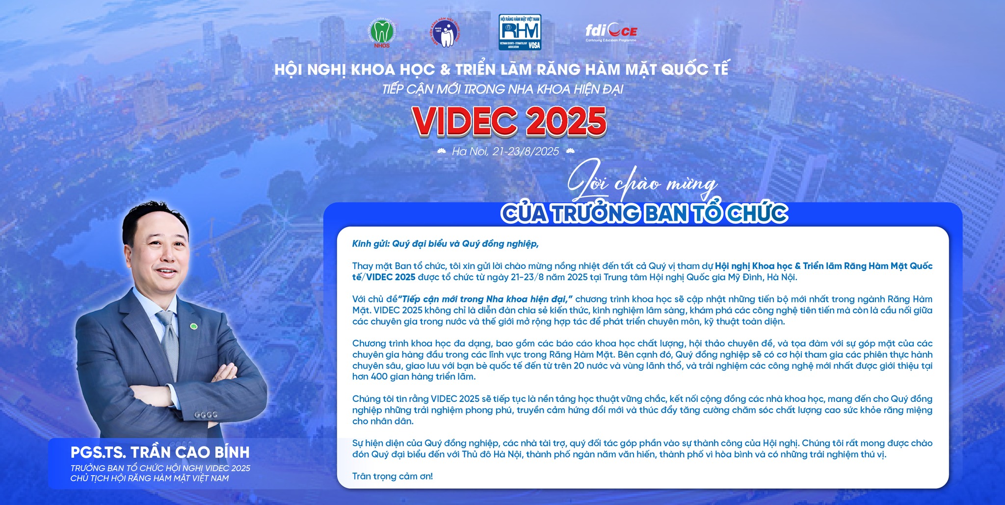  THƯ CHÀO MỪNG TỪ TRƯỞNG BAN TỔ CHỨC - PGS.TS. TRẦN CAO BÍNH (VIDEC 2025) 
